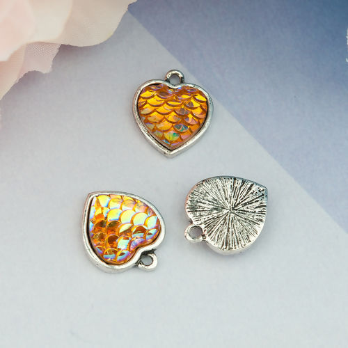 Picture of Zinc Based Alloy & Resin Mermaid Fish/ Dragon Scale Charms Heart Antique Silver Color Orange AB Color 16mm( 5/8") x 14mm( 4/8"), 10 PCs