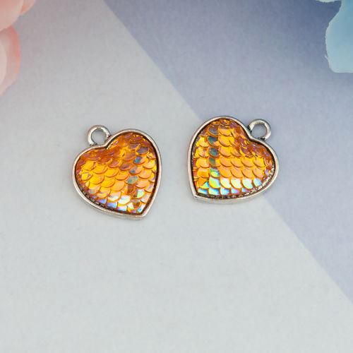 Picture of Zinc Based Alloy & Resin Mermaid Fish/ Dragon Scale Charms Heart Antique Silver Color Orange AB Color 21mm( 7/8") x 18mm( 6/8"), 10 PCs