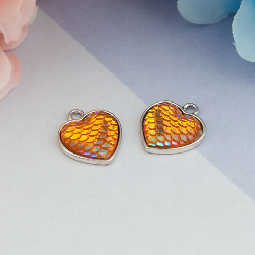 Picture of Zinc Based Alloy & Resin Mermaid Fish/ Dragon Scale Charms Heart Antique Silver Color Orange AB Color 21mm( 7/8") x 18mm( 6/8"), 10 PCs