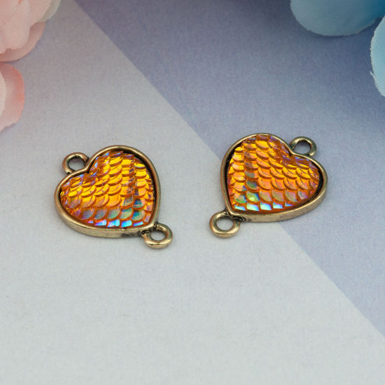 Picture of Zinc Based Alloy & Resin Mermaid Fish/ Dragon Scale Connectors Heart Gold Tone Antique Gold Orange AB Color 25mm x 18mm, 10 PCs