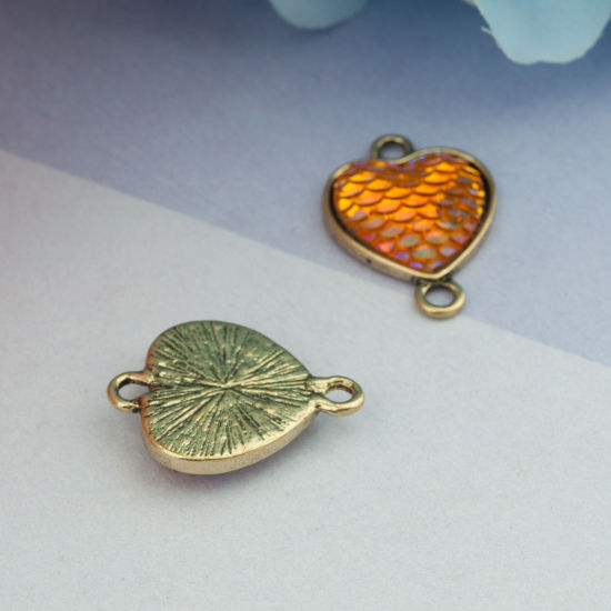 Picture of Zinc Based Alloy & Resin Mermaid Fish/ Dragon Scale Connectors Heart Gold Tone Antique Gold Orange AB Color 25mm x 18mm, 10 PCs