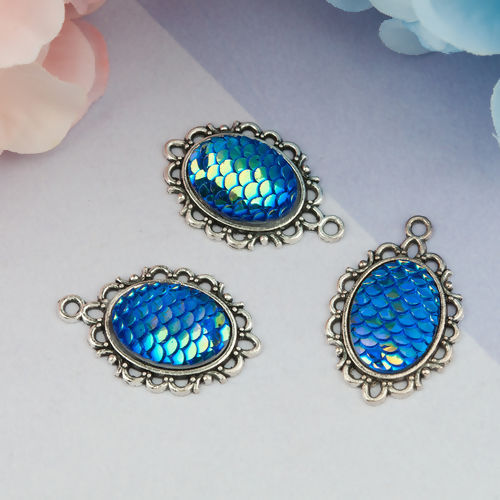 Picture of Zinc Based Alloy & Resin Mermaid Fish/ Dragon Scale Pendants Oval Antique Silver Color Royal Blue AB Color 31mm(1 2/8") x 20mm( 6/8"), 15 PCs