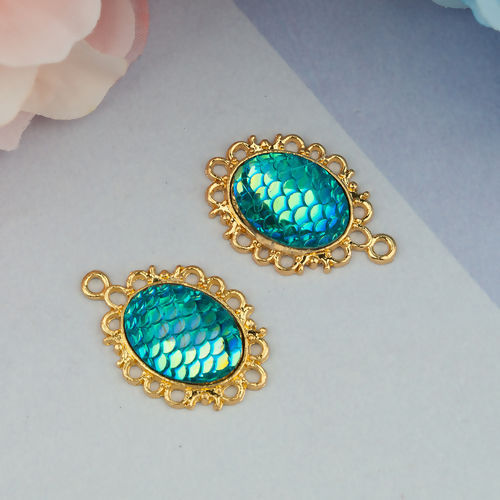 Picture of Zinc Based Alloy & Resin Mermaid Fish/ Dragon Scale Pendants Oval Gold Plated Green Blue AB Color 30mm(1 1/8") x 20mm( 6/8"), 10 PCs