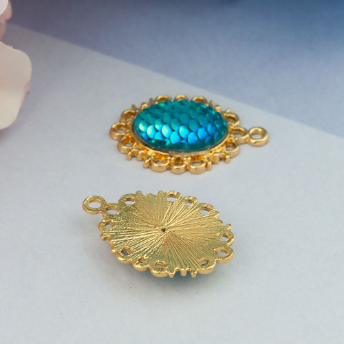 Picture of Zinc Based Alloy & Resin Mermaid Fish/ Dragon Scale Pendants Oval Gold Plated Green Blue AB Color 30mm(1 1/8") x 20mm( 6/8"), 10 PCs