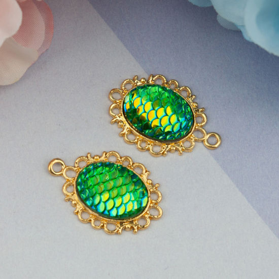 Picture of Zinc Based Alloy & Resin Mermaid Fish/ Dragon Scale Pendants Oval Gold Plated Green Blue AB Color 30mm(1 1/8") x 20mm( 6/8"), 10 PCs