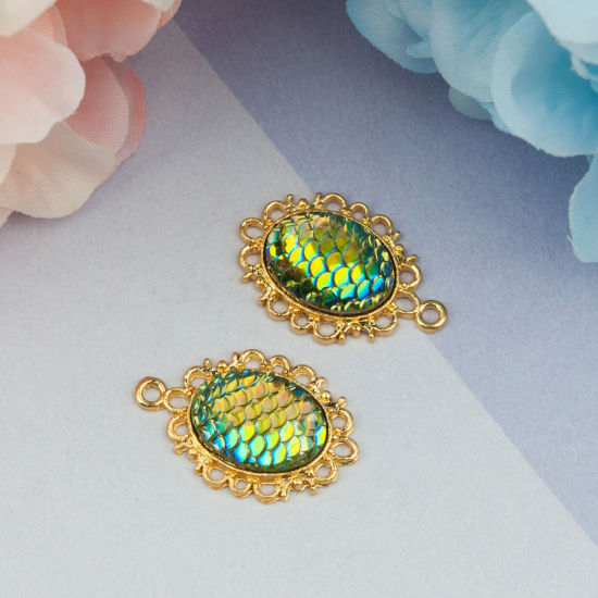 Picture of Zinc Based Alloy & Resin Mermaid Fish/ Dragon Scale Pendants Oval Gold Plated Green Blue AB Color 30mm(1 1/8") x 20mm( 6/8"), 10 PCs