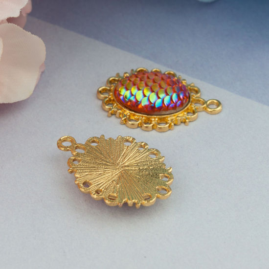 Picture of Zinc Based Alloy & Resin Mermaid Fish/ Dragon Scale Pendants Oval Gold Plated Green Blue AB Color 30mm(1 1/8") x 20mm( 6/8"), 10 PCs