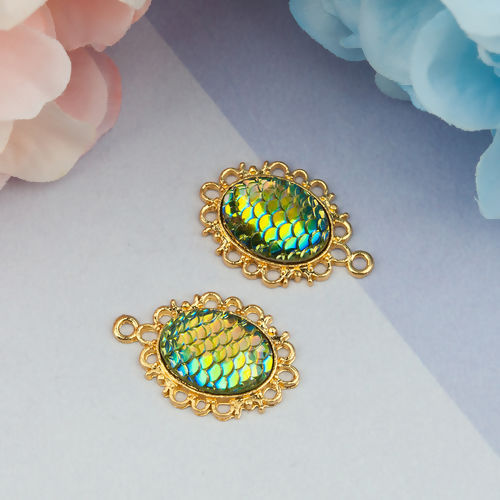 Picture of Zinc Based Alloy & Resin Mermaid Fish/ Dragon Scale Pendants Oval Gold Plated Yellow-green AB Color 30mm(1 1/8") x 20mm( 6/8"), 10 PCs