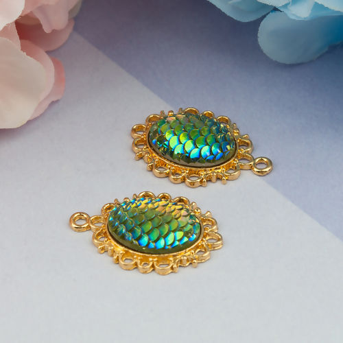 Picture of Zinc Based Alloy & Resin Mermaid Fish/ Dragon Scale Pendants Oval Gold Plated Yellow-green AB Color 30mm(1 1/8") x 20mm( 6/8"), 10 PCs