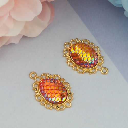 Picture of Zinc Based Alloy & Resin Mermaid Fish/ Dragon Scale Pendants Oval Gold Plated Orange AB Color 30mm(1 1/8") x 20mm( 6/8"), 10 PCs