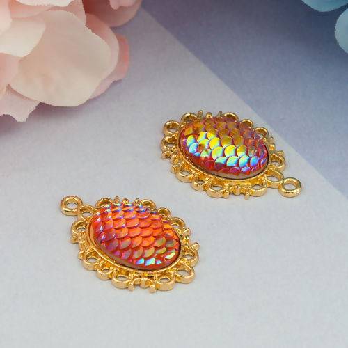 Picture of Zinc Based Alloy & Resin Mermaid Fish/ Dragon Scale Pendants Oval Gold Plated Orange AB Color 30mm(1 1/8") x 20mm( 6/8"), 10 PCs