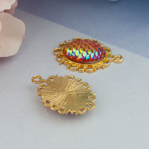 Picture of Zinc Based Alloy & Resin Mermaid Fish/ Dragon Scale Pendants Oval Gold Plated Orange AB Color 30mm(1 1/8") x 20mm( 6/8"), 10 PCs