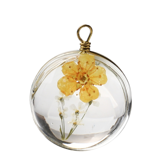 Picture of Brass & Glass Charms Round Dried Flower Orange Transparent 23mm x 18mm, 2 PCs