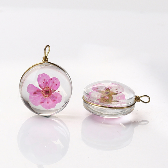 Picture of Brass & Glass Charms Round Dried Flower Hot Pink Transparent 19mm x 14mm, 2 PCs