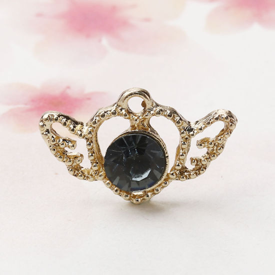 Picture of Zinc Based Alloy Style Of Royal Court Character Charms Heart Gold Plated Black Wing Black Rhinestone 23mm( 7/8") x 14mm( 4/8"), 5 PCs