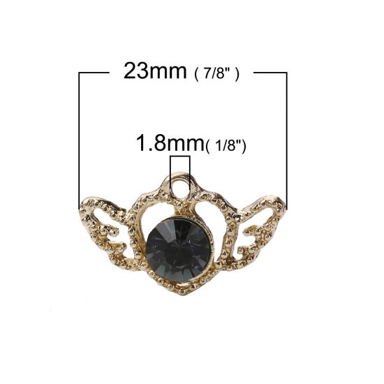 Picture of Zinc Based Alloy Style Of Royal Court Character Charms Heart Gold Plated Black Wing Black Rhinestone 23mm( 7/8") x 14mm( 4/8"), 5 PCs