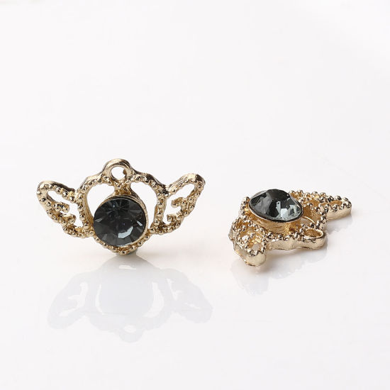 Picture of Zinc Based Alloy Style Of Royal Court Character Charms Heart Gold Plated Black Wing Black Rhinestone 23mm( 7/8") x 14mm( 4/8"), 5 PCs