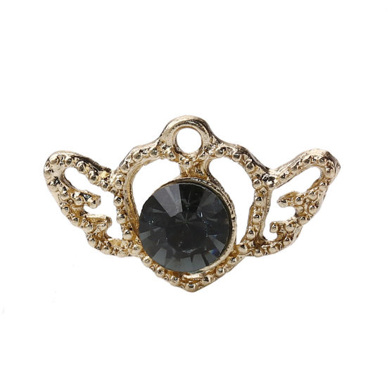 Picture of Zinc Based Alloy Style Of Royal Court Character Charms Heart Gold Plated Black Wing Black Rhinestone 23mm( 7/8") x 14mm( 4/8"), 5 PCs