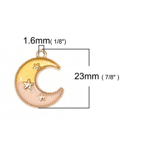 Bild von Zinklegierung Galaxis Charms Halbmond Vergoldet Weiß & Gelb Stern Glitzert Emaille 23mm x 19mm, 20 Stück