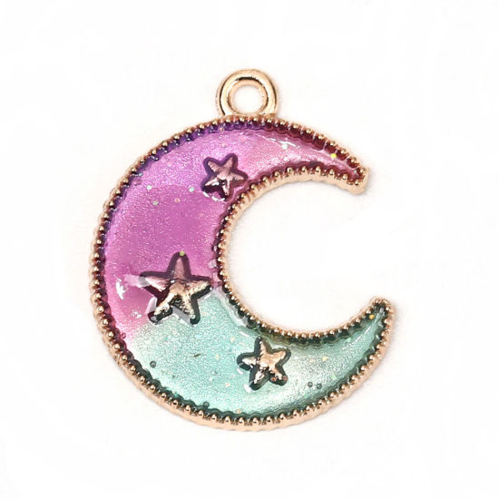 Bild von Zinklegierung Galaxis Charms Halbmond Vergoldet Blau & Grün Stern Glitzert Emaille 23mm x 19mm, 20 Stück