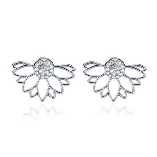 Picture of Acrylic Ear Jacket Stud Earrings Silver Tone Lotus Flower Round Clear Rhinestone 24mm x16mm(1" x 5/8") 8mm( 3/8"), Post/ Wire Size: (20 gauge), 1 Pair