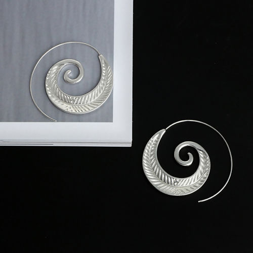 Image de Boucles d'Oreilles Créole Anneaux Argenté Spiral Feuilles 43mm x 40mm, Epaisseur de Fil: (21 gauge), 1 Paire