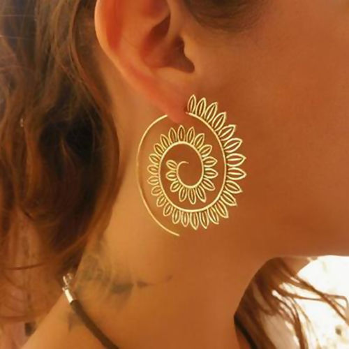 Picture of Hoop Earrings Gold Plated Lotus Flower Spiral 43mm(1 6/8") x 40mm(1 5/8"), Post/ Wire Size: (21 gauge), 1 Pair