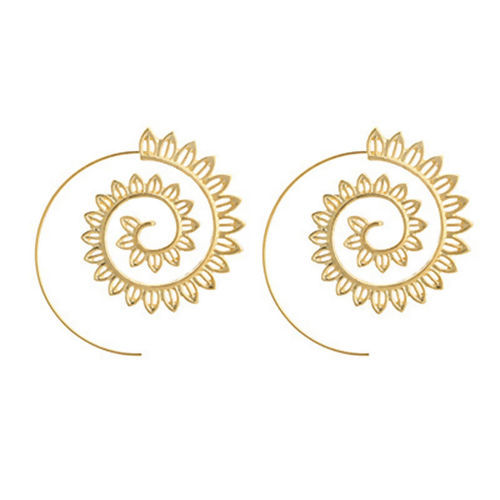 Picture of Hoop Earrings Gold Plated Lotus Flower Spiral 43mm(1 6/8") x 40mm(1 5/8"), Post/ Wire Size: (21 gauge), 1 Pair