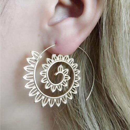 Picture of Stylish Hoop Earrings Silver Tone Lotus Flower Spiral 43mm x 40mm, Post/ Wire Size: (21 gauge), 1 Pair