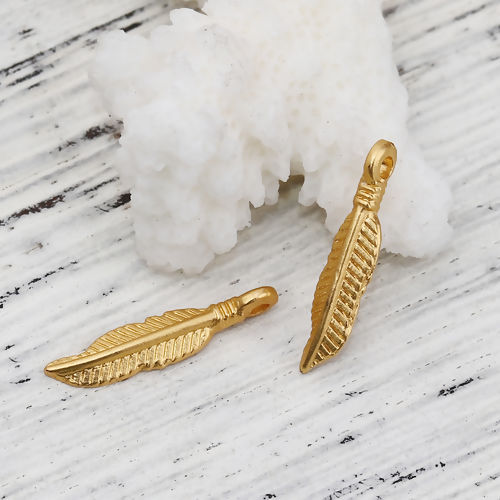 Picture of Zinc Based Alloy Charms Feather Matt Gold 19mm( 6/8") x 4mm( 1/8"), 10 PCs