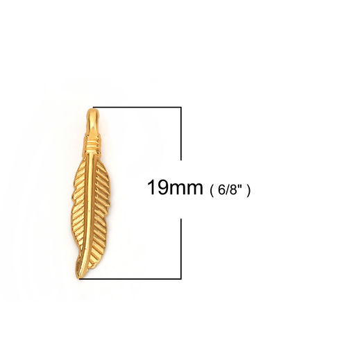 Picture of Zinc Based Alloy Charms Feather Matt Gold 19mm( 6/8") x 4mm( 1/8"), 10 PCs