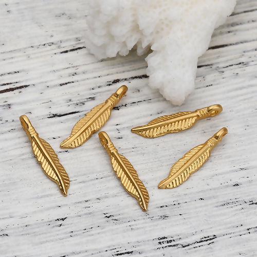 Picture of Zinc Based Alloy Charms Feather Matt Gold 19mm( 6/8") x 4mm( 1/8"), 10 PCs