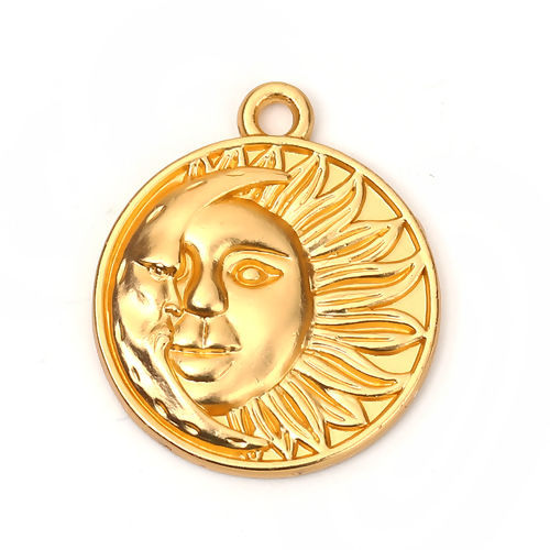 Picture of Zinc Based Alloy Boho Chic Charms Round Matt Gold Sun And Moon Face 29mm(1 1/8") x 25mm(1"), 5 PCs