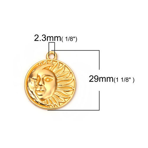 Picture of Zinc Based Alloy Boho Chic Charms Round Matt Gold Sun And Moon Face 29mm(1 1/8") x 25mm(1"), 5 PCs