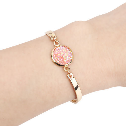 Picture of Resin Druzy/ Drusy Bracelets Gold Plated Pink Round AB Color 17cm(6 6/8") long, 1 Piece