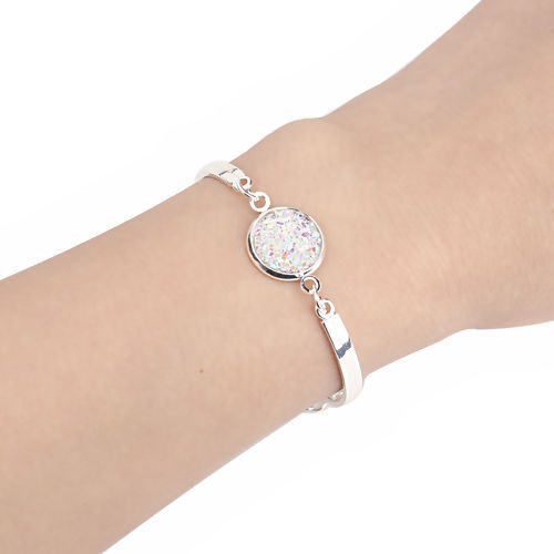 Picture of Resin Druzy/ Drusy Bracelets Silver Plated White Round AB Color 17cm(6 6/8") long, 1 Piece