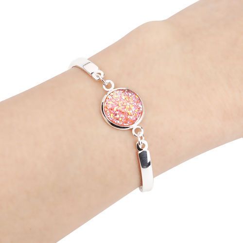 Picture of Resin Druzy/ Drusy Bracelets Silver Plated Pink Round AB Color 17cm(6 6/8") long, 1 Piece