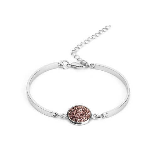 Picture of Resin Druzy/ Drusy Bracelets Silver Plated Brown Round AB Color 17cm(6 6/8") long, 1 Piece