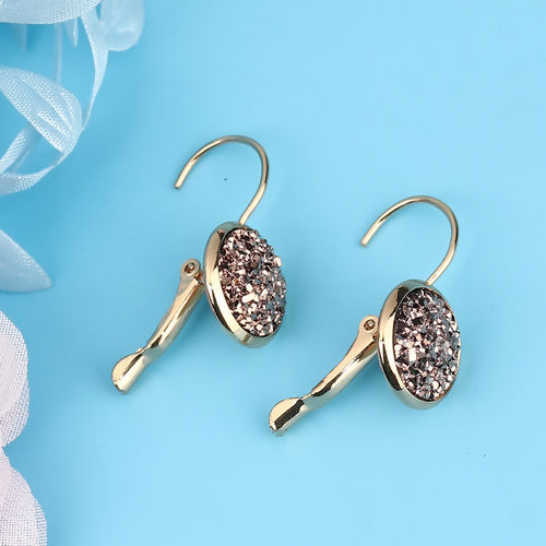 Picture of Resin Druzy/ Drusy Ear Climbers/ Ear Crawlers Gold Plated Brown Round 24mm(1") x 14mm( 4/8"), Post/ Wire Size: (19 gauge), 1 Pair