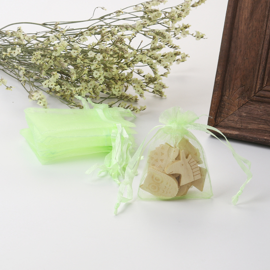Picture of Organza Jewelry Bags Drawstring Rectangle Fruit Green (Usable Space: 5.5x5cm) 7cm(2 6/8") x 5cm(2"), 50 PCs