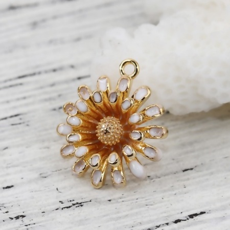 Picture of Brass Charms Daisy Flower 18K Real Gold Plated White Enamel 14mm( 4/8") x 12mm( 4/8"), 2 PCs