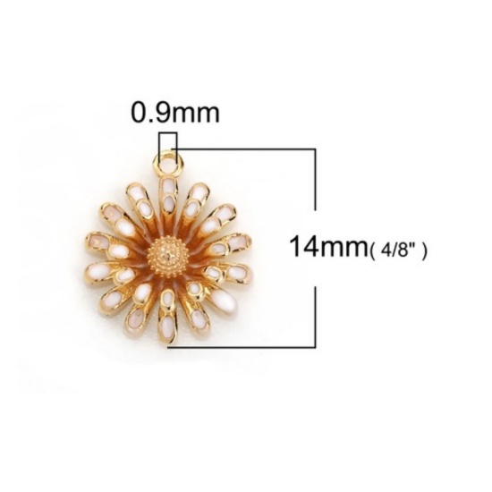 真鍮 チャーム デージー リアルゴールドメッキ 白 エナメル 14mm x 12mm、 2 個 の画像