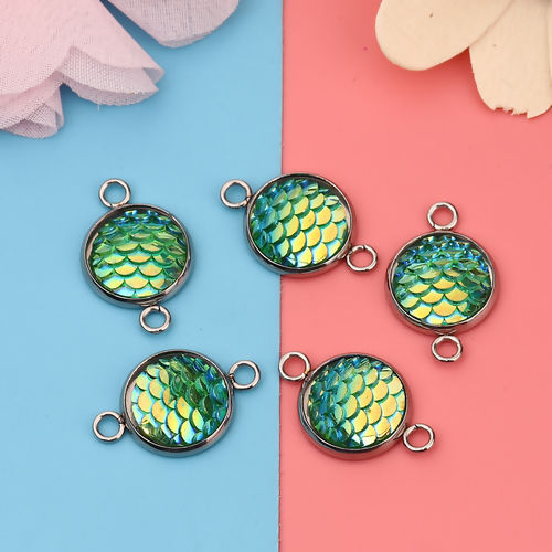 Picture of 304 Stainless Steel & Resin Mermaid Fish/ Dragon Scale Connectors Round Silver Tone Green AB Color 22mm( 7/8") x 14mm( 4/8"), 10 PCs”
