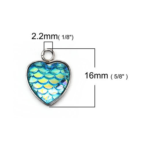 Picture of 304 Stainless Steel & Resin Mermaid Fish/ Dragon Scale Charms Star Silver Tone Green Blue AB Color 16mm( 5/8") x 13mm( 4/8"), 10 PCs”