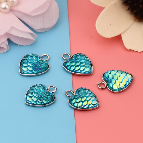 Picture of 304 Stainless Steel & Resin Mermaid Fish/ Dragon Scale Charms Star Silver Tone Green Blue AB Color 16mm( 5/8") x 13mm( 4/8"), 10 PCs”
