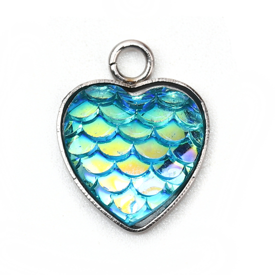 Picture of 304 Stainless Steel & Resin Mermaid Fish/ Dragon Scale Charms Star Silver Tone Green Blue AB Color 16mm( 5/8") x 13mm( 4/8"), 10 PCs”