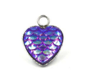 Picture of 304 Stainless Steel & Resin Mermaid Fish/ Dragon Scale Charms Heart Silver Tone Purple AB Color 16mm( 5/8") x 13mm( 4/8"), 10 PCs”