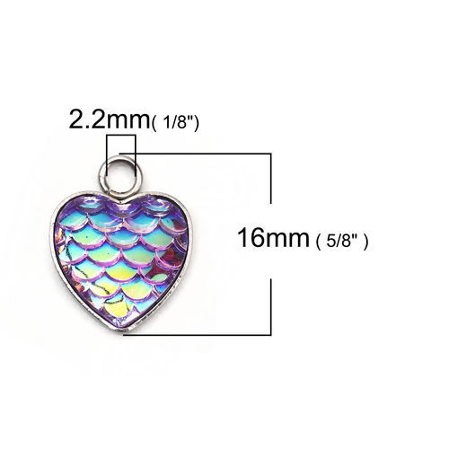 Picture of 304 Stainless Steel & Resin Mermaid Fish/ Dragon Scale Charms Heart Silver Tone Purple AB Color 16mm( 5/8") x 13mm( 4/8"), 10 PCs”