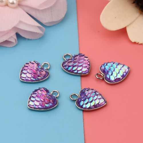 Picture of 304 Stainless Steel & Resin Mermaid Fish/ Dragon Scale Charms Heart Silver Tone Purple AB Color 16mm( 5/8") x 13mm( 4/8"), 10 PCs”