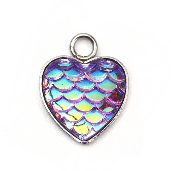 Picture of 304 Stainless Steel & Resin Mermaid Fish/ Dragon Scale Charms Heart Silver Tone Purple AB Color 16mm( 5/8") x 13mm( 4/8"), 10 PCs”